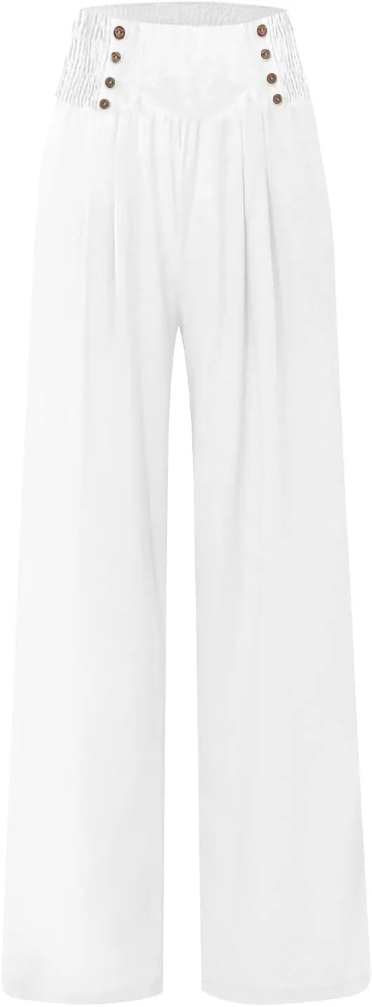 Flowy Pants for Women Wide Leg Beach Trousers Casual Summer Loose Fit Cotton Linen Yoga Palazzo Pants with Pockets