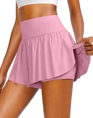 Flowy Running Shorts for Women with 4 Pockets 2 in 1 High Waisted Women's Butterfly Workout Athletic Tennis Skirt Shorts