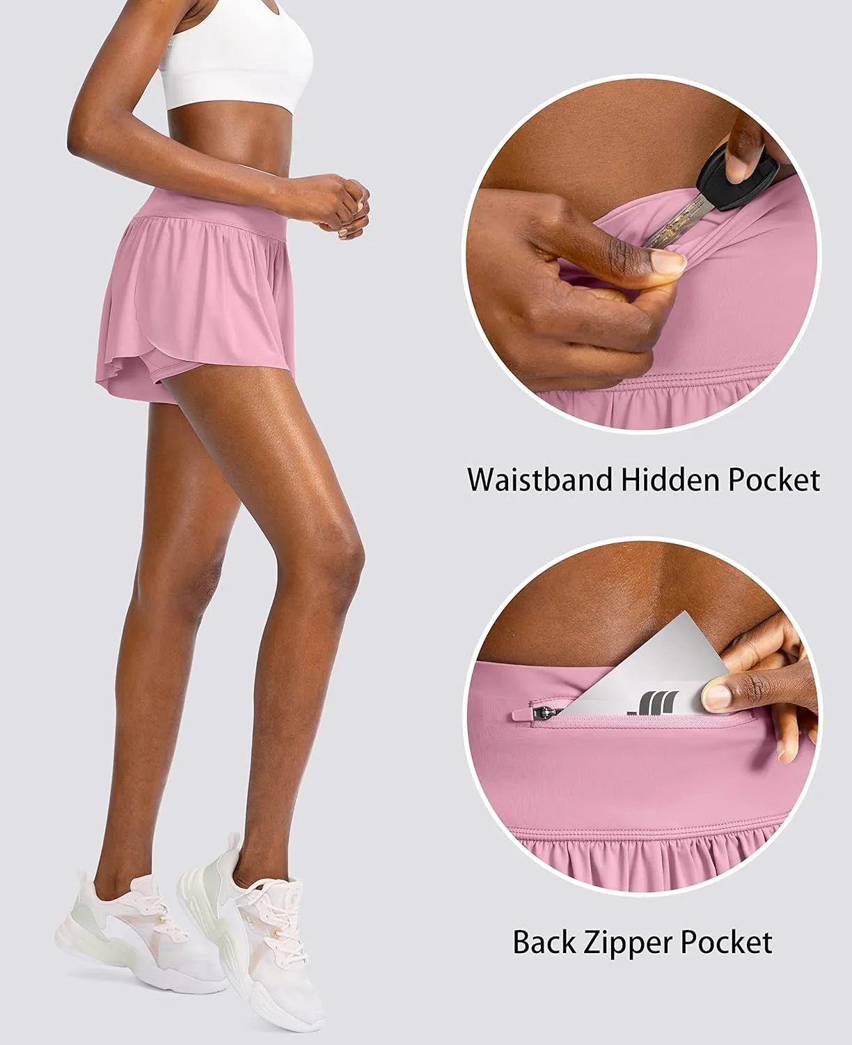 Flowy Running Shorts for Women with 4 Pockets 2 in 1 High Waisted Women's Butterfly Workout Athletic Tennis Skirt Shorts