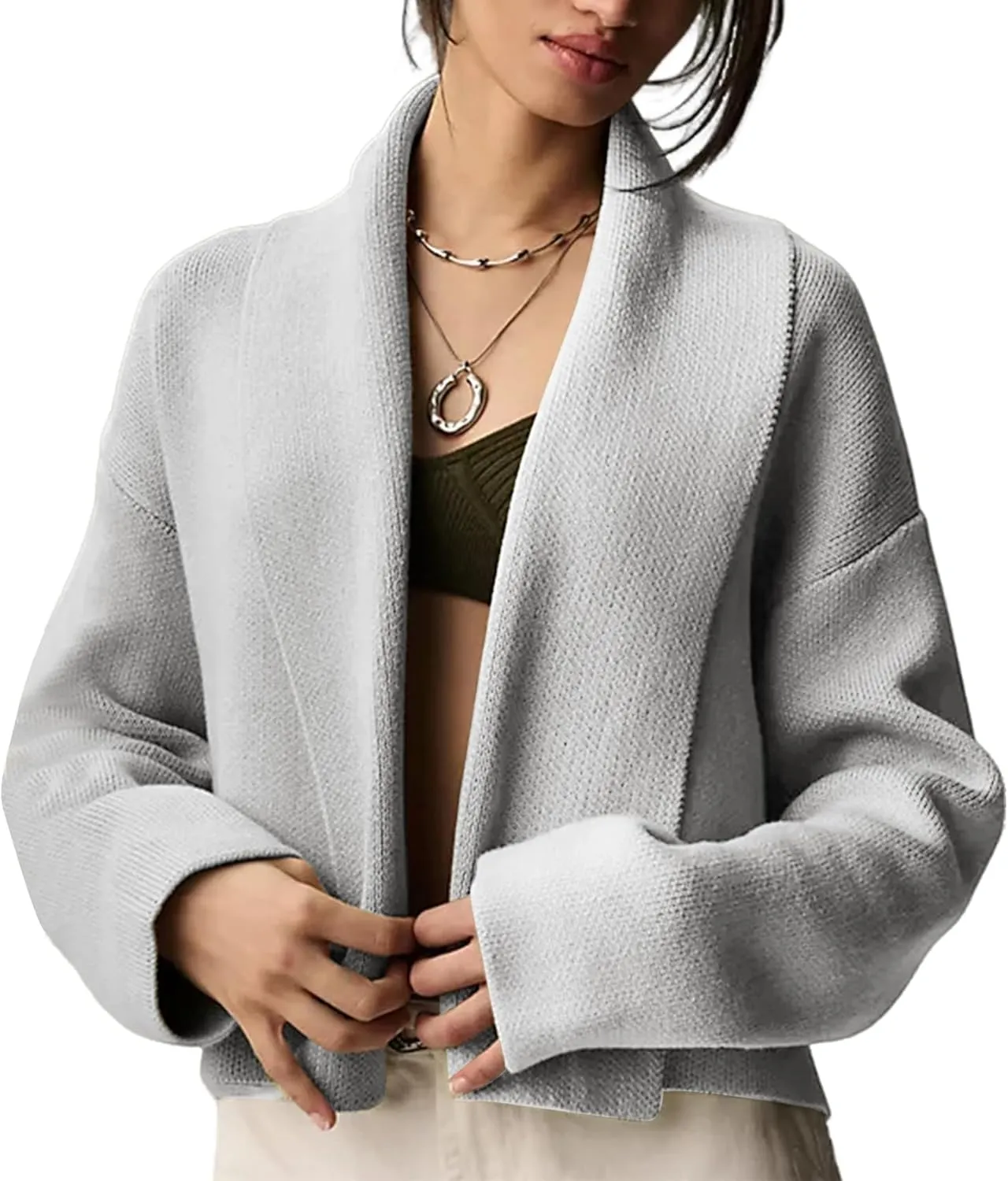 Flygo Women's Cropped Cardigan Sweater Oversized Shawl Lapel 2024 Fall Fashion Open Front Sweater Jacket Knit Outwear