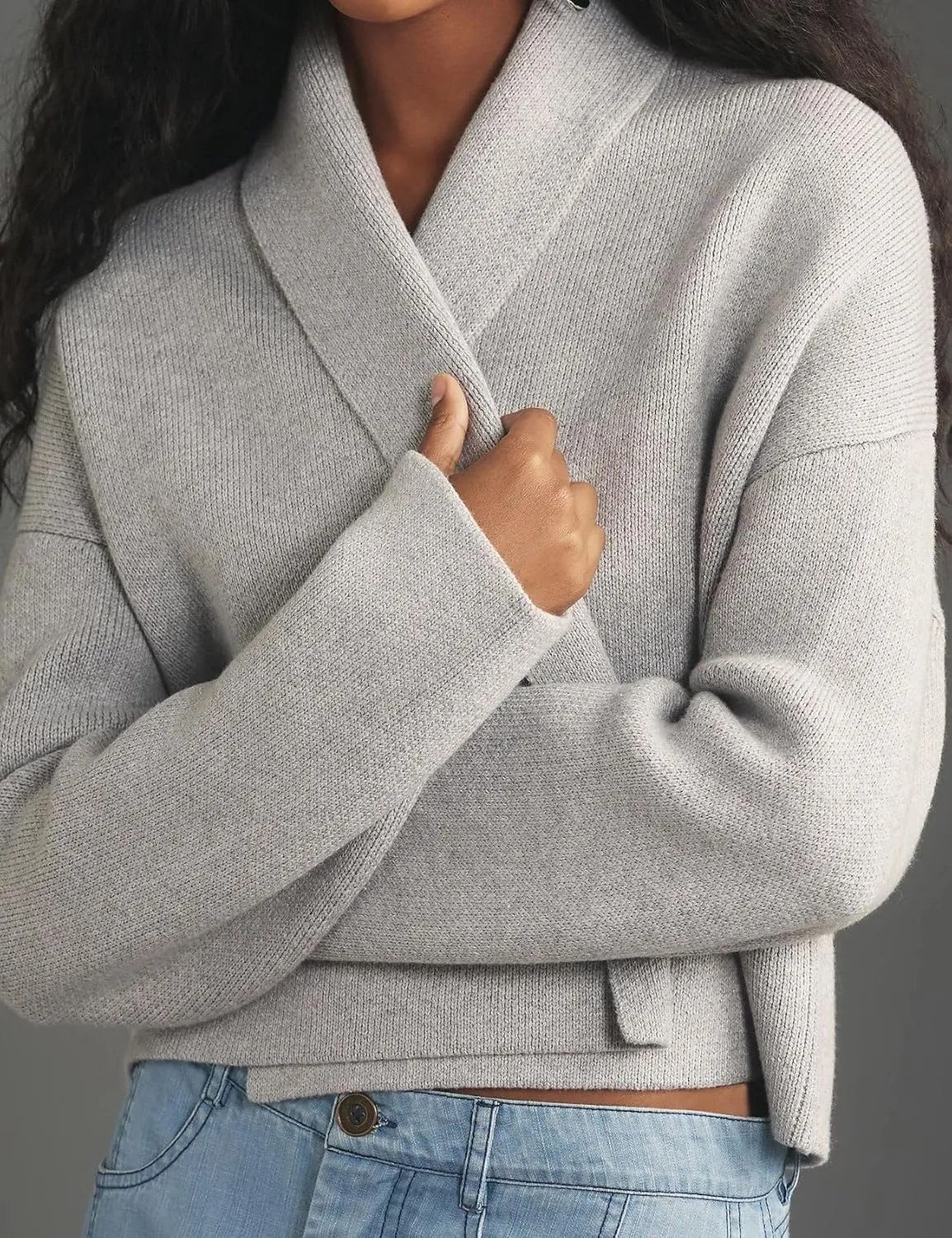 Flygo Women's Cropped Cardigan Sweater Oversized Shawl Lapel 2024 Fall Fashion Open Front Sweater Jacket Knit Outwear