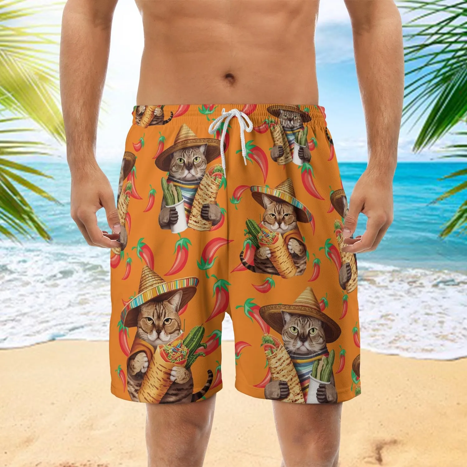 Funny Mens Swim Trunks - Taco Swimming Trunks for Men - Cinco De Mayo Drawstring Beach Shorts, Mens Swim Shorts S17