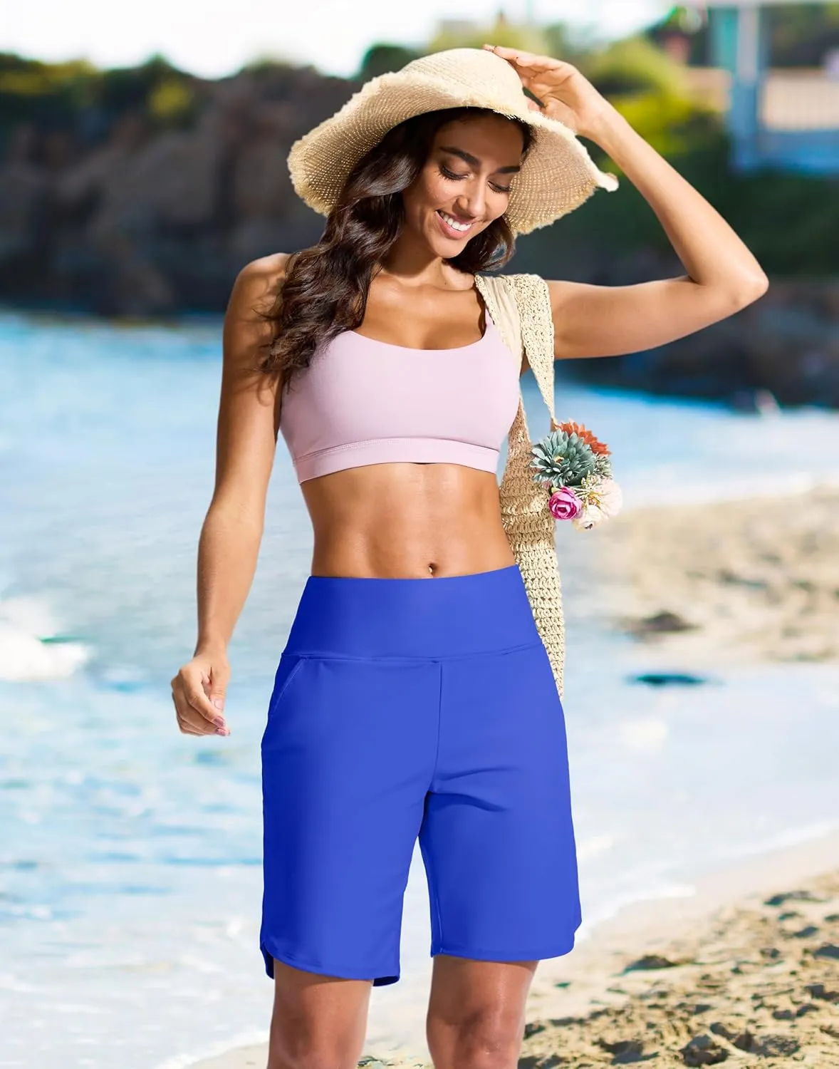 G Gradual Women's 9" Long Swim Board Shorts High Waisted Quick Dry Beach Swimming Shorts for Women with Pockets Liner