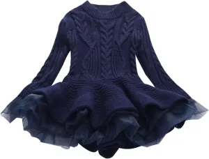 Girls Ribbed Knit Sweaters Dress Long Sleeve Vintage Cable Mini Dress Lace Patchwork Multi Swing Princess Dresses
