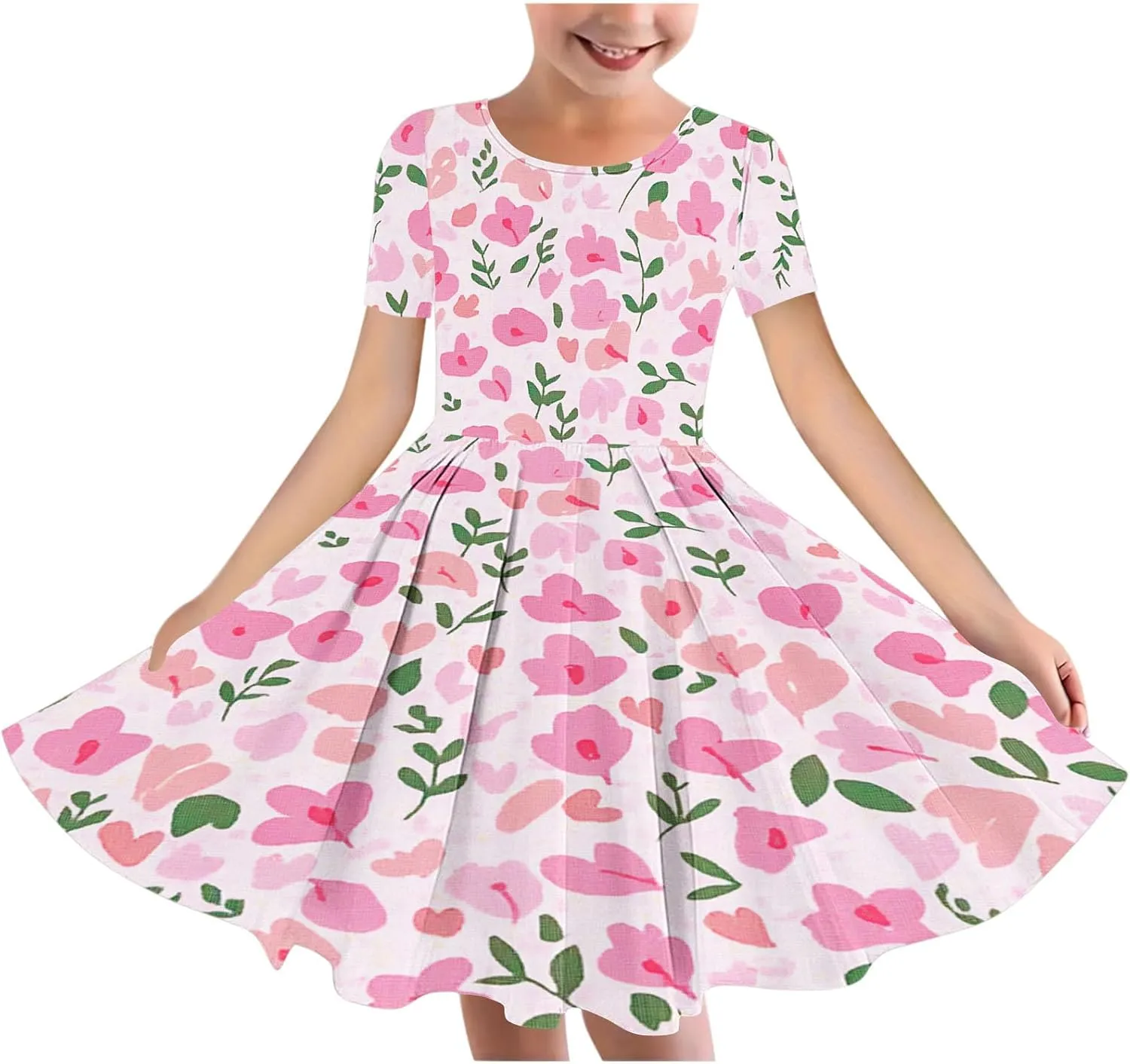 Girls Summer Flower Printed Ballet Dress Short Sleeve Round Neck Pleated Floral Print Beach Sundress Swing Dresses