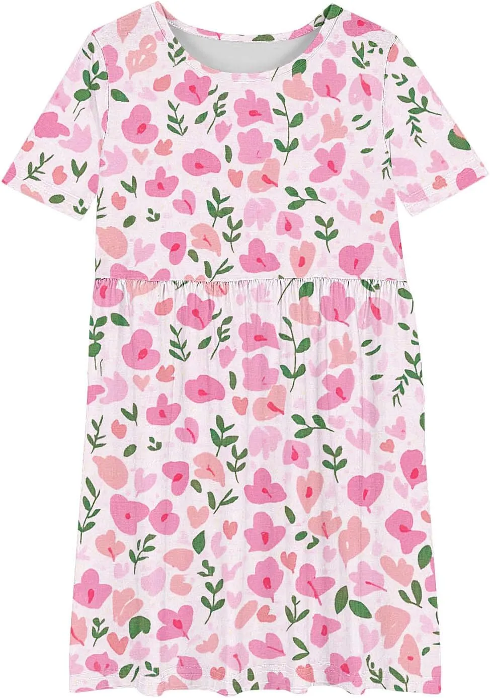 Girls Summer Flower Printed Ballet Dress Short Sleeve Round Neck Pleated Floral Print Beach Sundress Swing Dresses