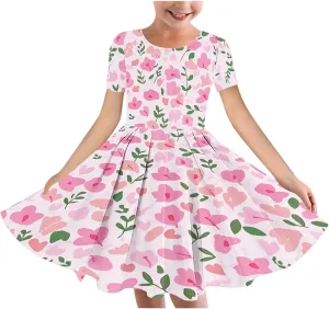 Girls Summer Flower Printed Ballet Dress Short Sleeve Round Neck Pleated Floral Print Beach Sundress Swing Dresses