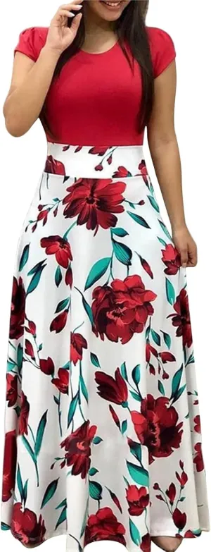 GOKKILRW Maxi Dresses for Women Wedding Guest High Waist Party Evening Maxi Dress Casual Loose Short Sleeve Beach Dresses