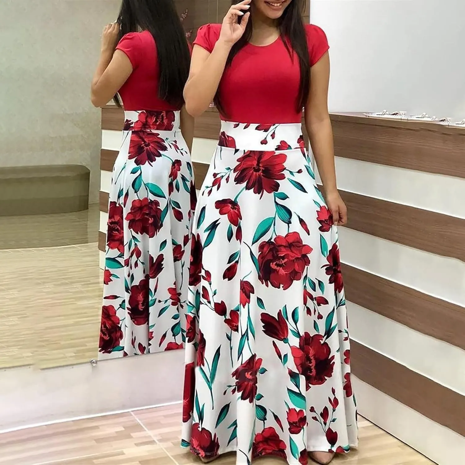 GOKKILRW Maxi Dresses for Women Wedding Guest High Waist Party Evening Maxi Dress Casual Loose Short Sleeve Beach Dresses