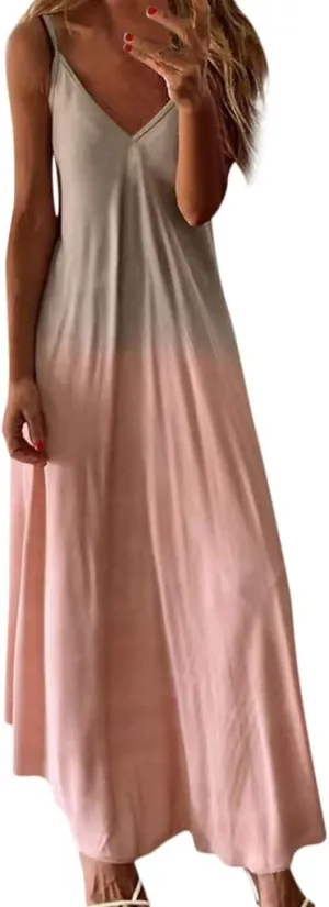 GOKKILRW Sundresses for Women Casual Beach 2024 Elegant V Neck Spaghetti Strap Sleeveless Loose Vacation Summer Maxi Dress