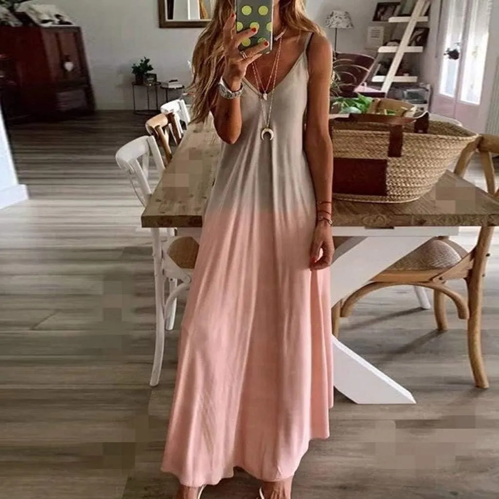 GOKKILRW Sundresses for Women Casual Beach 2024 Elegant V Neck Spaghetti Strap Sleeveless Loose Vacation Summer Maxi Dress