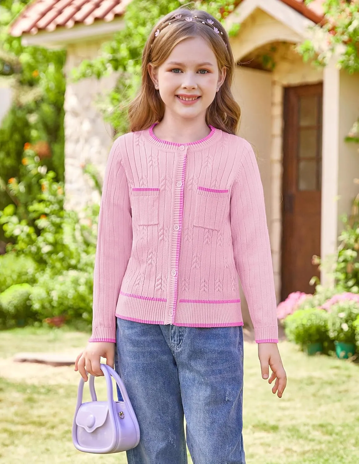 GRACE KARIN Girls Cardigan Sweater Long Sleeve Knit School Uniform Crew Neck Cute Cardigan 5-12 Years