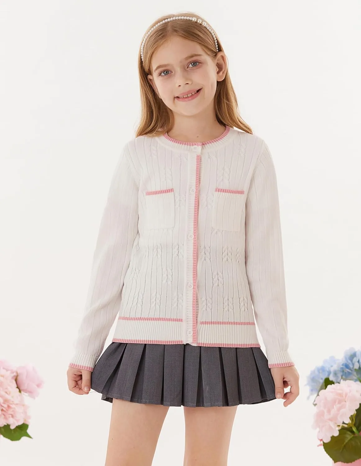 GRACE KARIN Girls Cardigan Sweater Long Sleeve Knit School Uniform Crew Neck Cute Cardigan 5-12 Years
