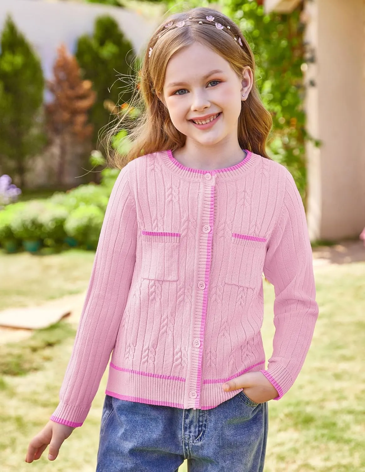 GRACE KARIN Girls Cardigan Sweater Long Sleeve Knit School Uniform Crew Neck Cute Cardigan 5-12 Years