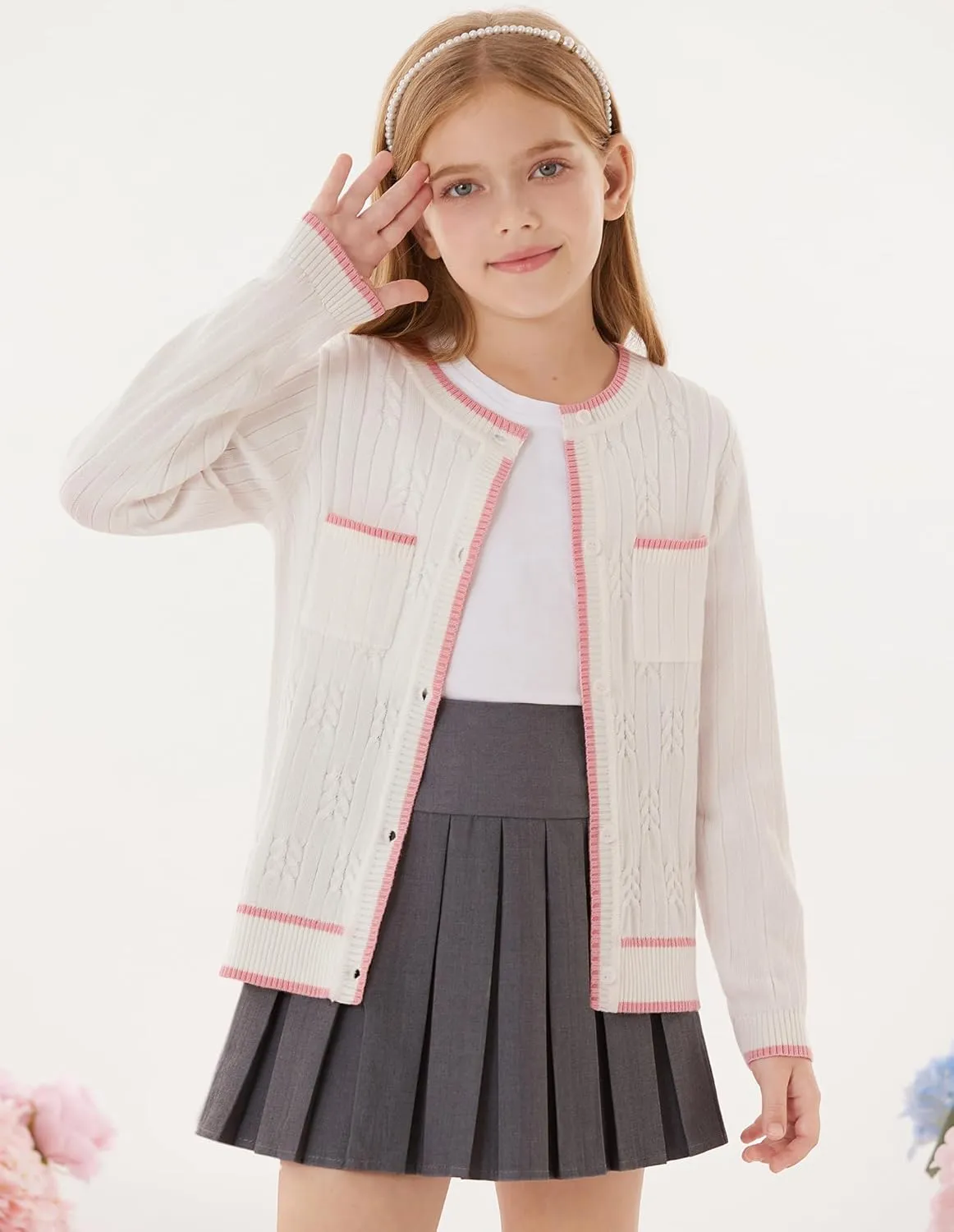 GRACE KARIN Girls Cardigan Sweater Long Sleeve Knit School Uniform Crew Neck Cute Cardigan 5-12 Years