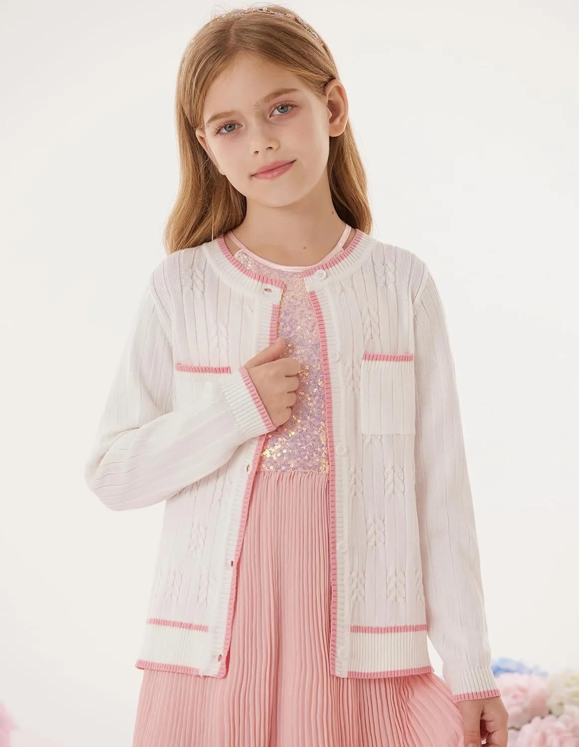 GRACE KARIN Girls Cardigan Sweater Long Sleeve Knit School Uniform Crew Neck Cute Cardigan 5-12 Years