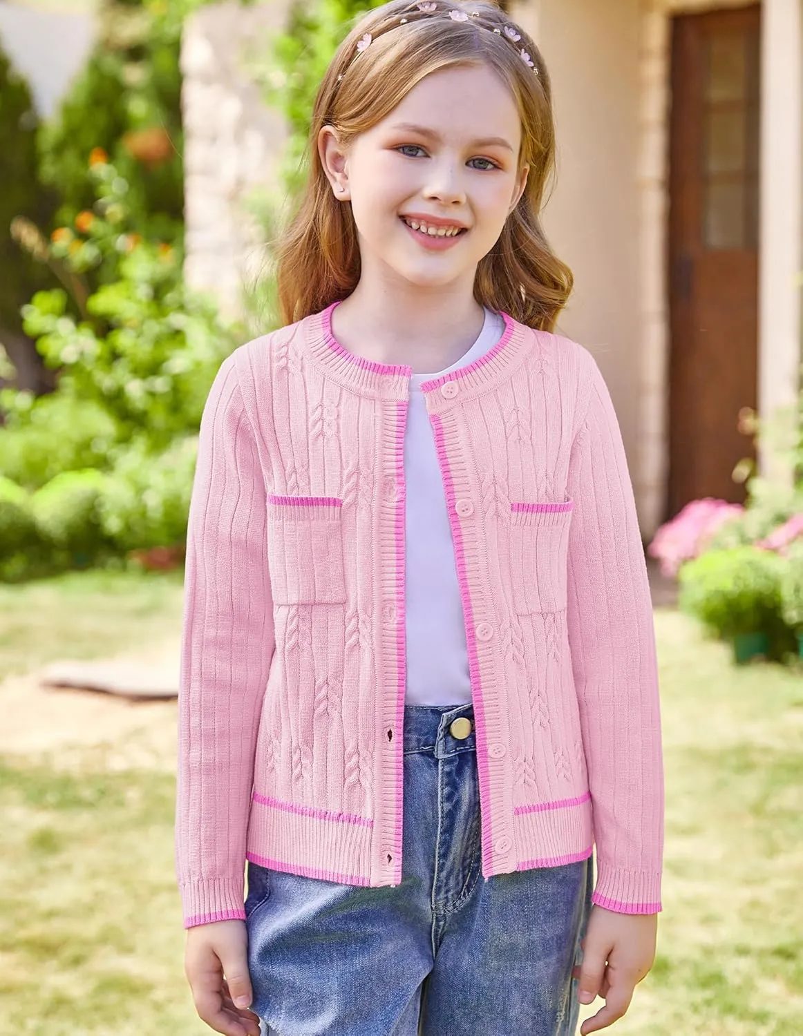 GRACE KARIN Girls Cardigan Sweater Long Sleeve Knit School Uniform Crew Neck Cute Cardigan 5-12 Years