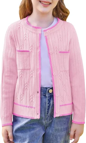 GRACE KARIN Girls Cardigan Sweater Long Sleeve Knit School Uniform Crew Neck Cute Cardigan 5-12 Years