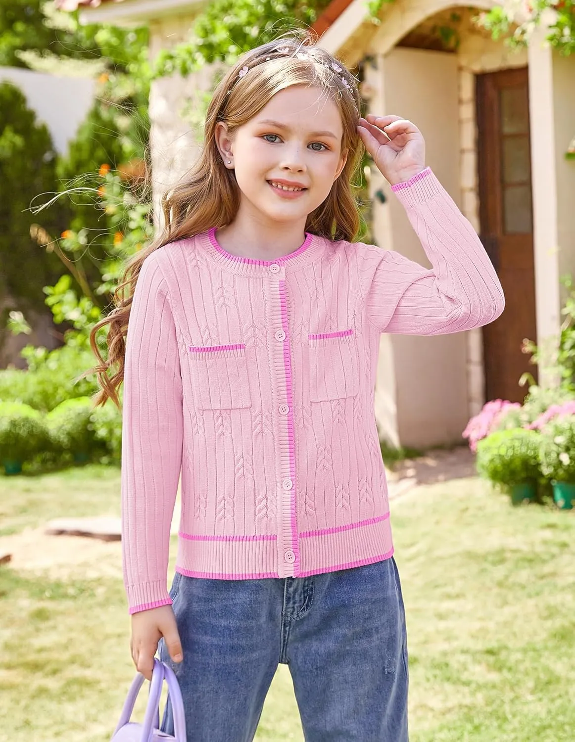 GRACE KARIN Girls Cardigan Sweater Long Sleeve Knit School Uniform Crew Neck Cute Cardigan 5-12 Years