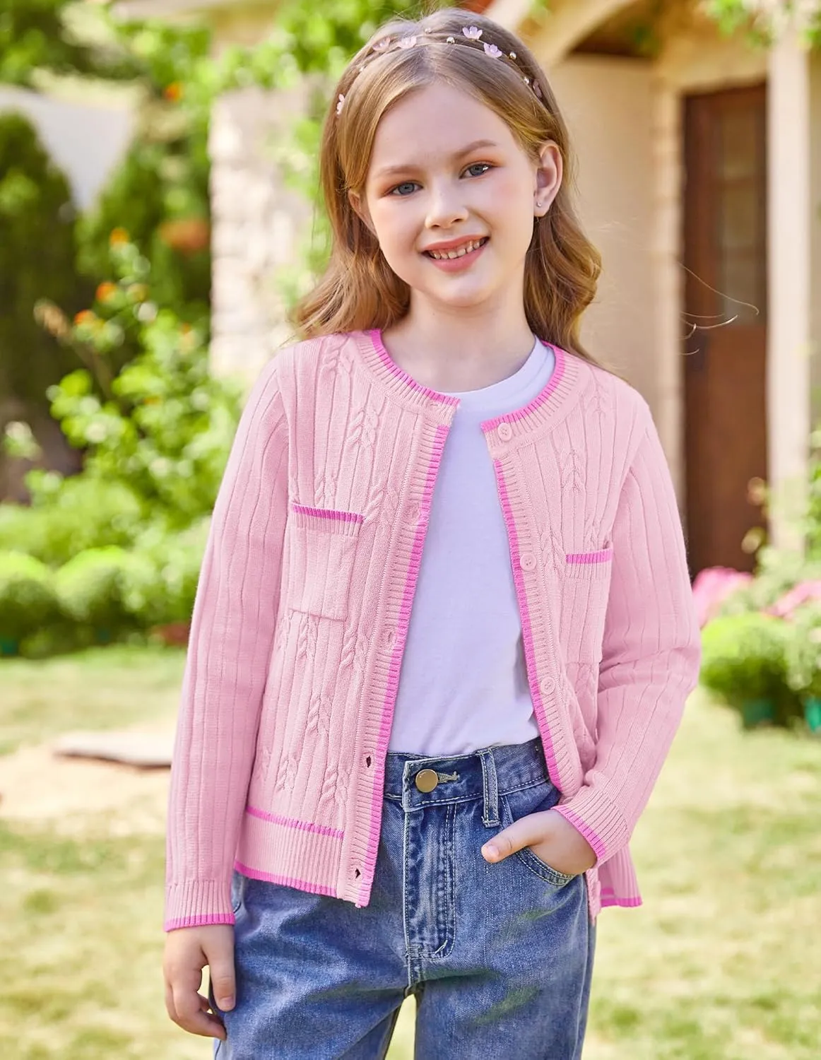 GRACE KARIN Girls Cardigan Sweater Long Sleeve Knit School Uniform Crew Neck Cute Cardigan 5-12 Years