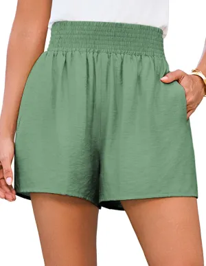 GRACE KARIN Women Summer Shorts Casual Boho Beach Comfy Smocked Elastic High Waist Pull On Flowy Short with Pockets