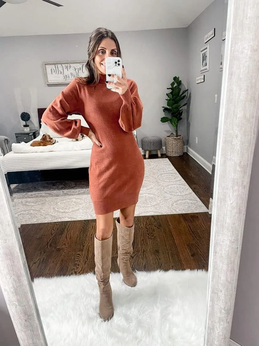 GRECERELLE Women's Mock Neck Ribbed Long Sleeve Bodycon Pullover Cute Mini Sweater Dress