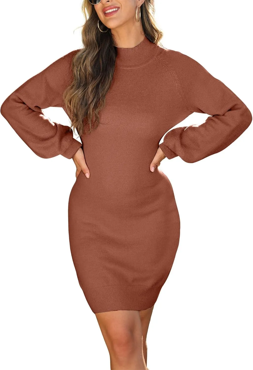 GRECERELLE Women's Mock Neck Ribbed Long Sleeve Bodycon Pullover Cute Mini Sweater Dress