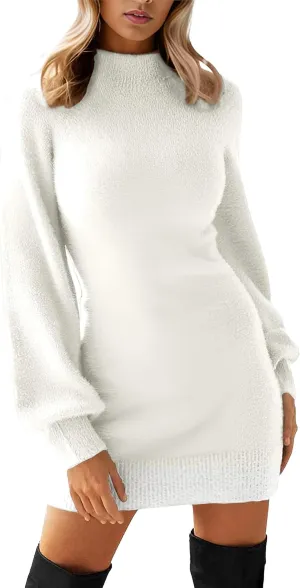 GRECERELLE Women's Mock Neck Ribbed Long Sleeve Bodycon Pullover Cute Mini Sweater Dress