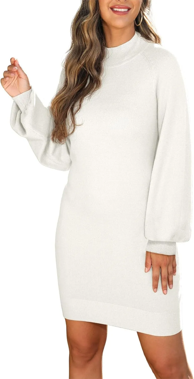 GRECERELLE Women's Mock Neck Ribbed Long Sleeve Bodycon Pullover Cute Mini Sweater Dress