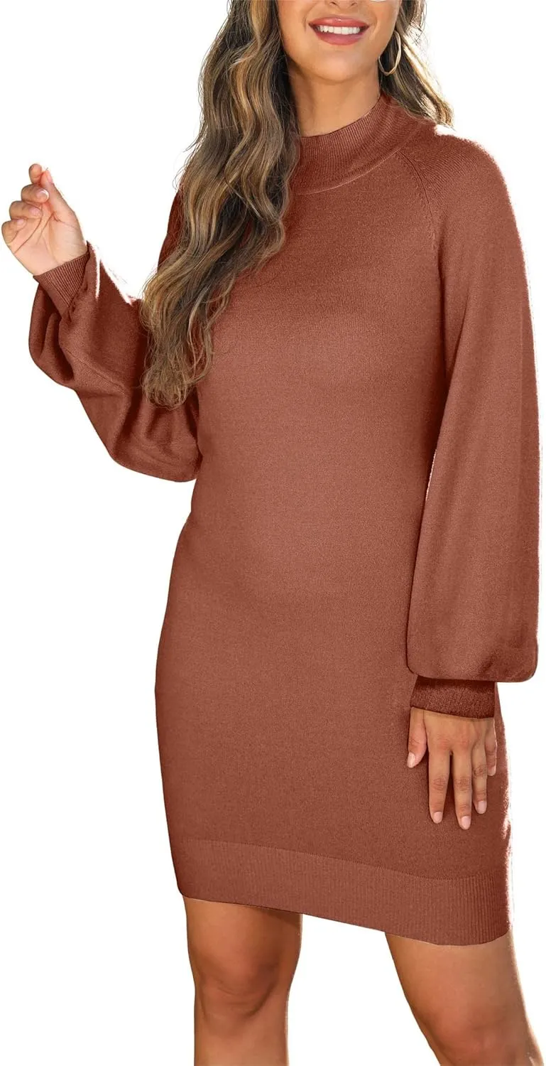 GRECERELLE Women's Mock Neck Ribbed Long Sleeve Bodycon Pullover Cute Mini Sweater Dress