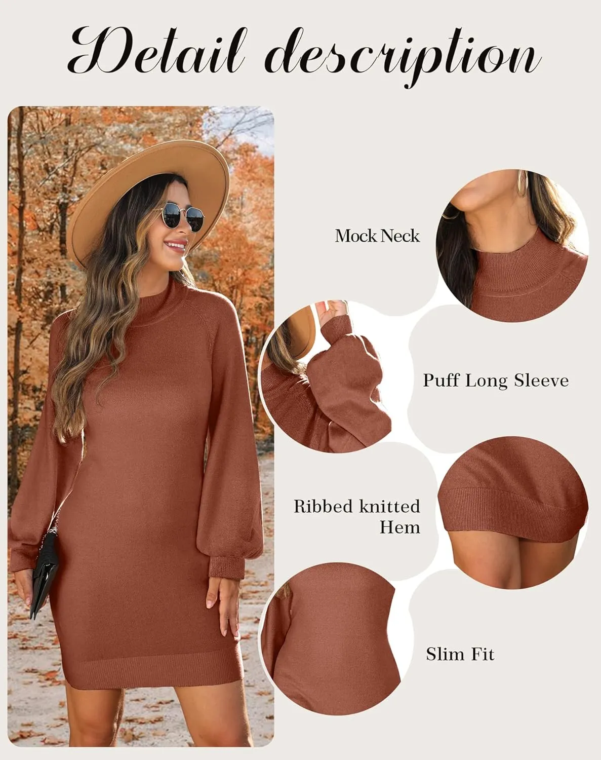 GRECERELLE Women's Mock Neck Ribbed Long Sleeve Bodycon Pullover Cute Mini Sweater Dress