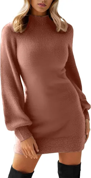 GRECERELLE Women's Mock Neck Ribbed Long Sleeve Bodycon Pullover Cute Mini Sweater Dress