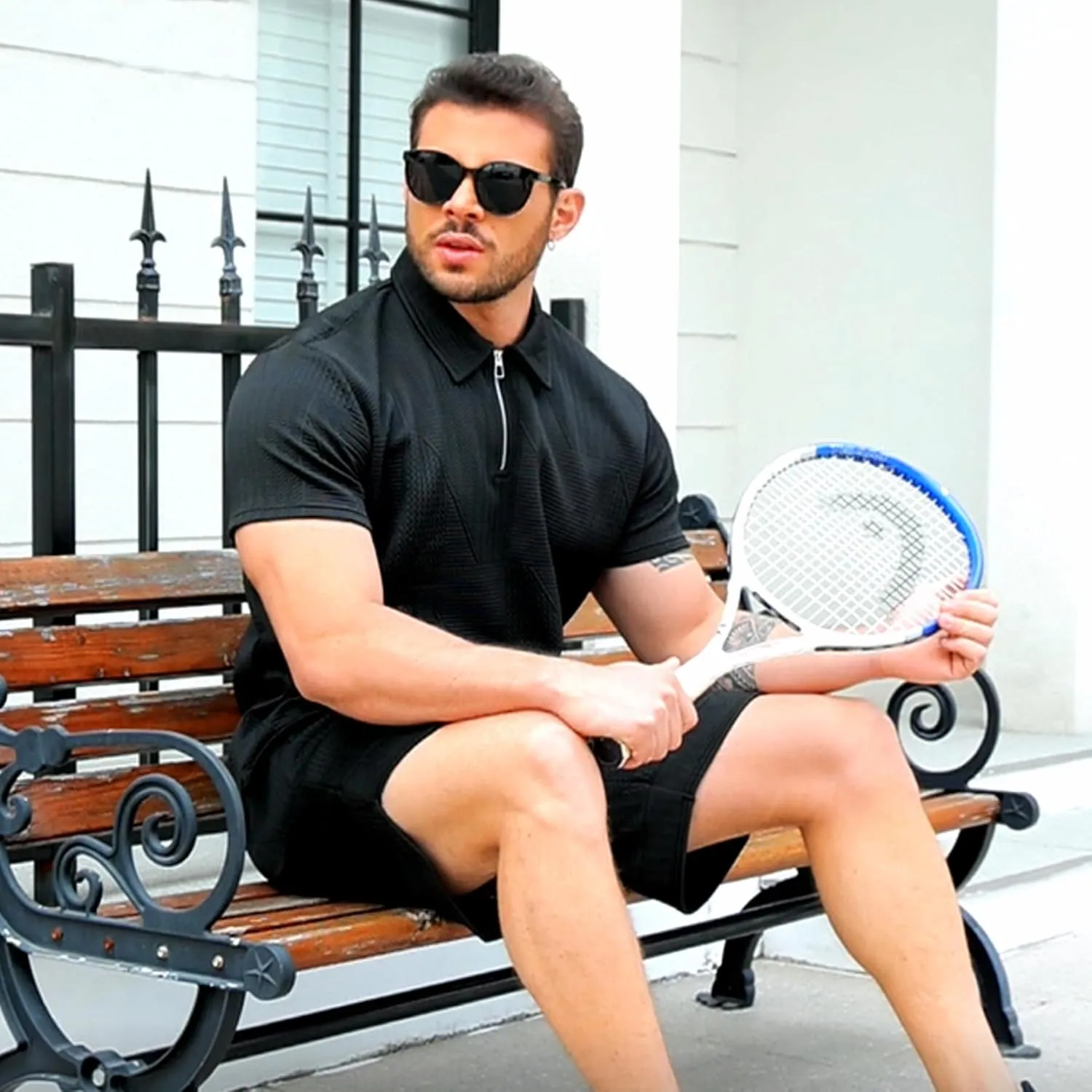 GYMELITE Men's 2 Piece Short Sets Outfits Summer Polo Shirts and Shorts Casual Zip Short Sleeve Fashion Shorts Tracksuit Set