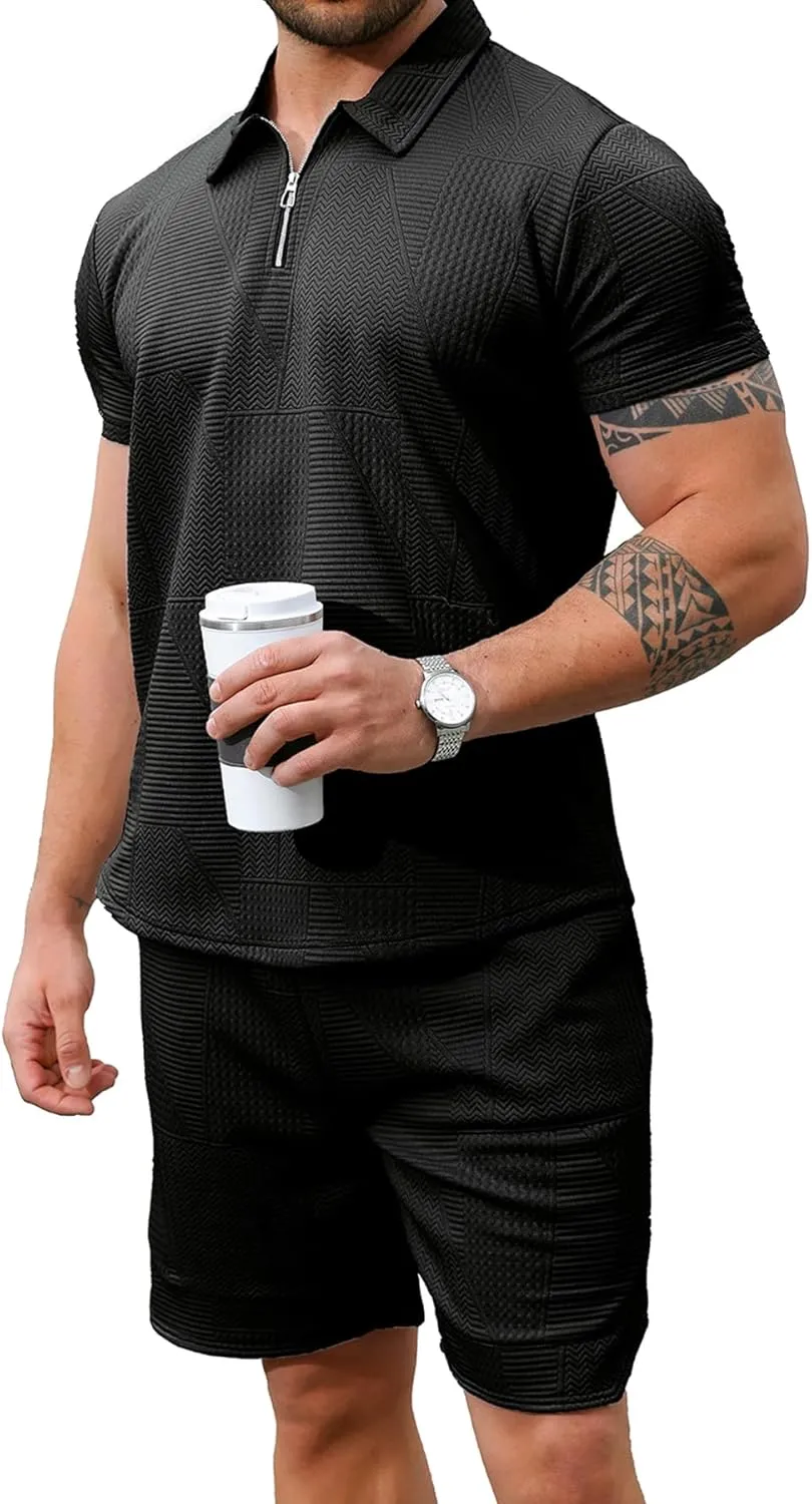 GYMELITE Men's 2 Piece Short Sets Outfits Summer Polo Shirts and Shorts Casual Zip Short Sleeve Fashion Shorts Tracksuit Set