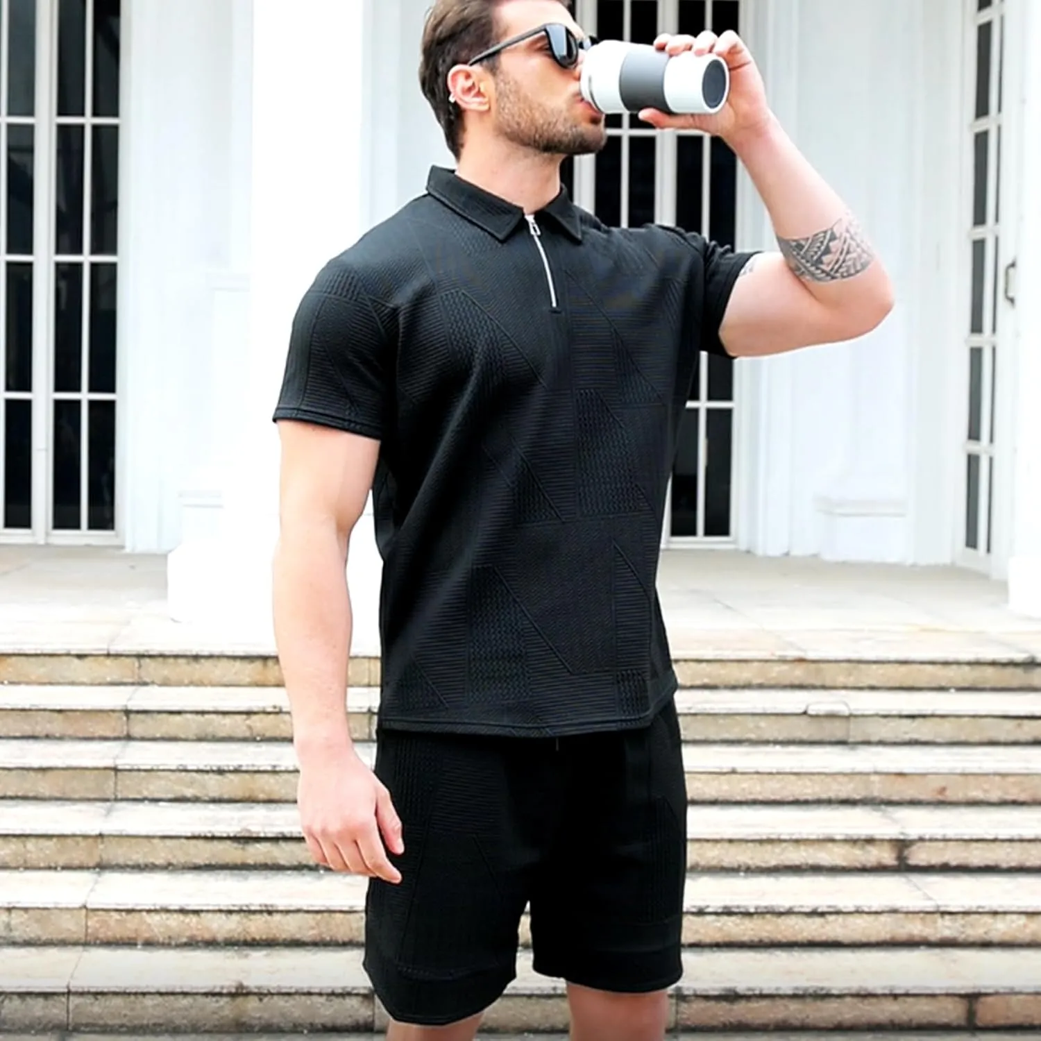 GYMELITE Men's 2 Piece Short Sets Outfits Summer Polo Shirts and Shorts Casual Zip Short Sleeve Fashion Shorts Tracksuit Set