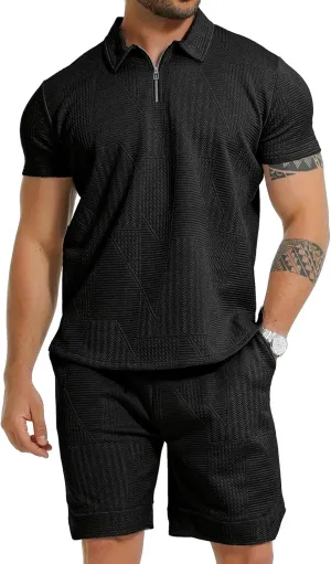 GYMELITE Men's 2 Piece Short Sets Outfits Summer Polo Shirts and Shorts Casual Zip Short Sleeve Fashion Shorts Tracksuit Set