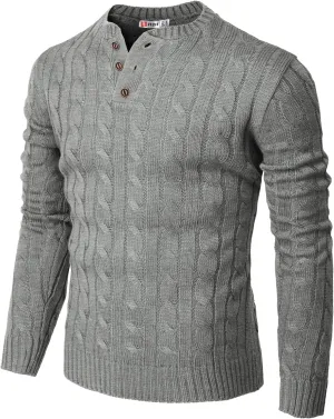 H2H Mens Casual Slim Fit Pullover Sweaters Long Sleeve Cable Knitted Sweater with Button Closure
