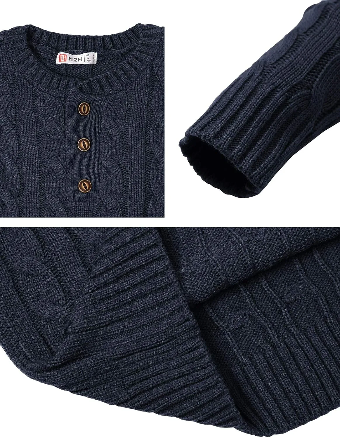 H2H Mens Casual Slim Fit Pullover Sweaters Long Sleeve Cable Knitted Sweater with Button Closure