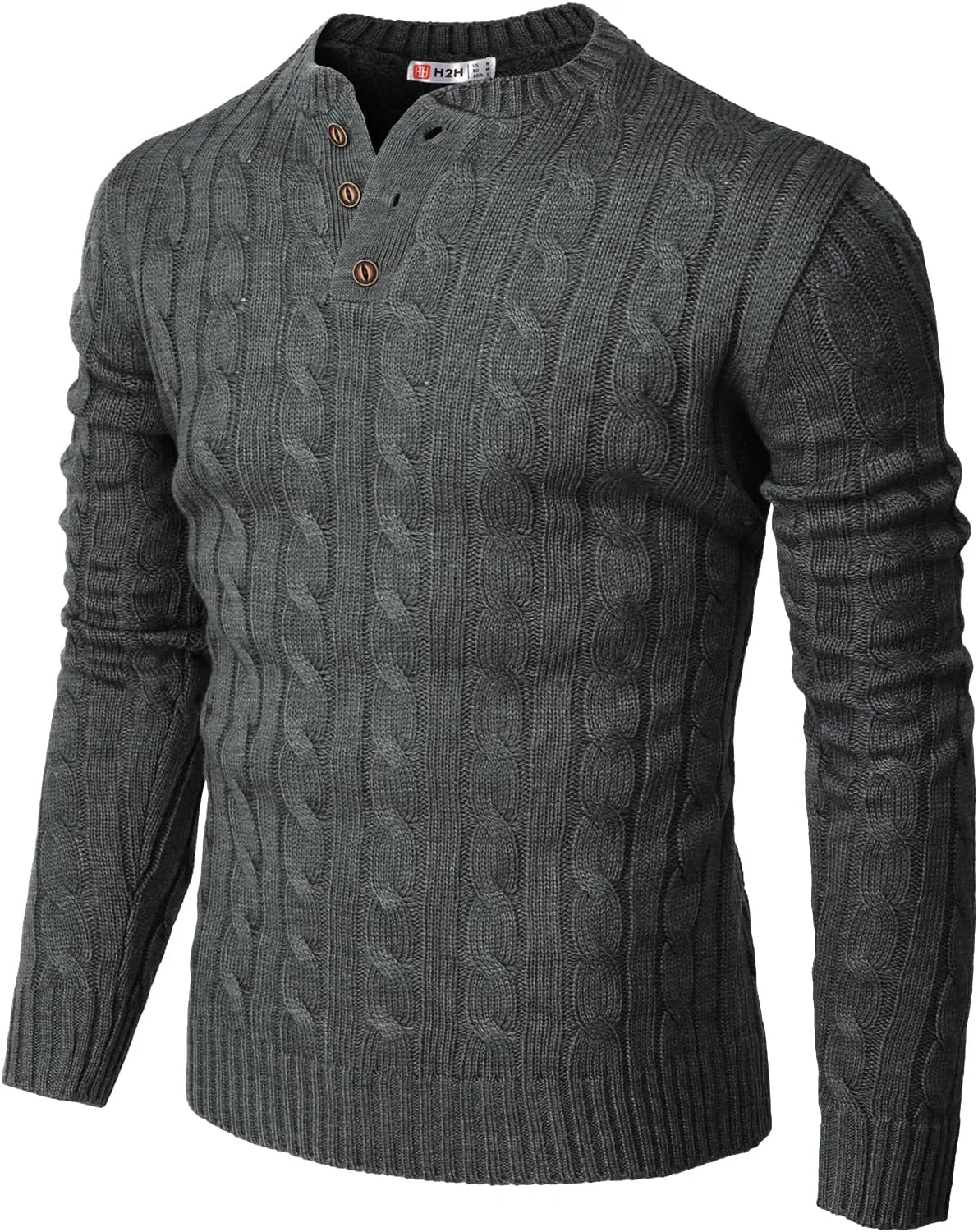H2H Mens Casual Slim Fit Pullover Sweaters Long Sleeve Cable Knitted Sweater with Button Closure