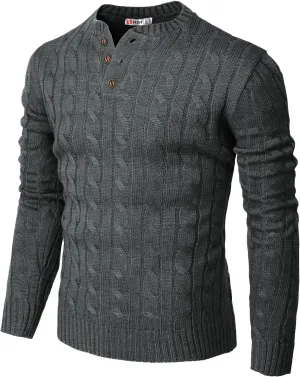 H2H Mens Casual Slim Fit Pullover Sweaters Long Sleeve Cable Knitted Sweater with Button Closure