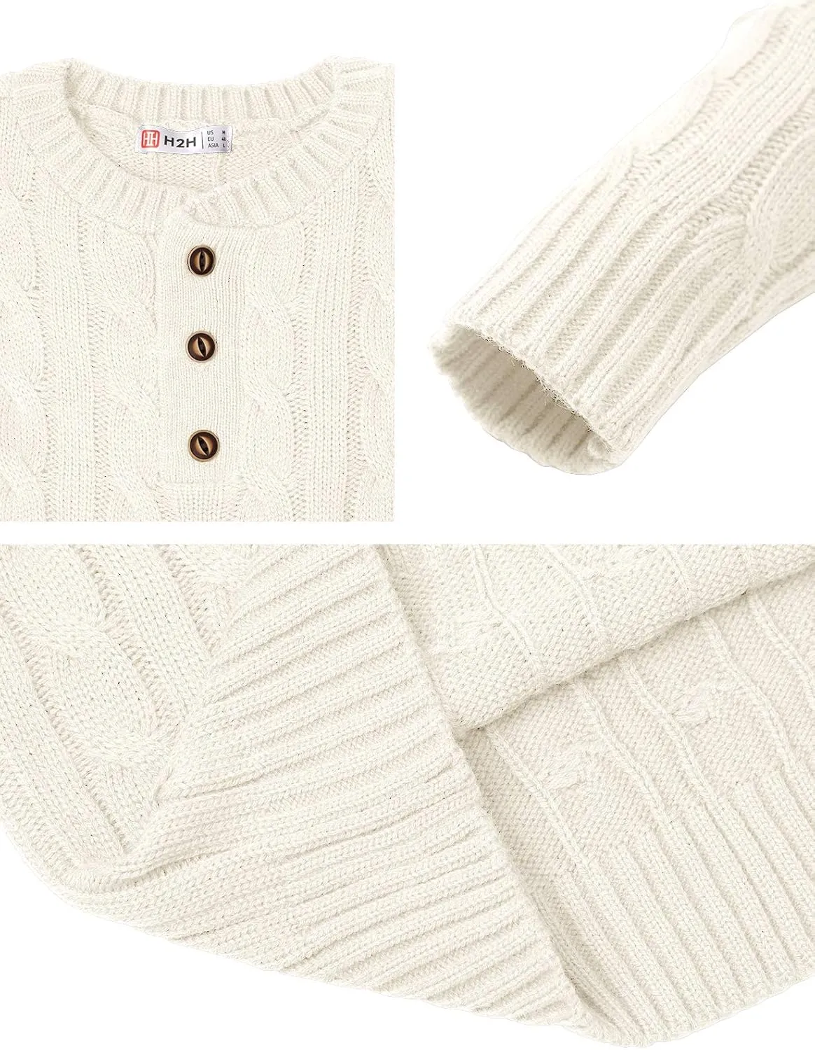H2H Mens Casual Slim Fit Pullover Sweaters Long Sleeve Cable Knitted Sweater with Button Closure