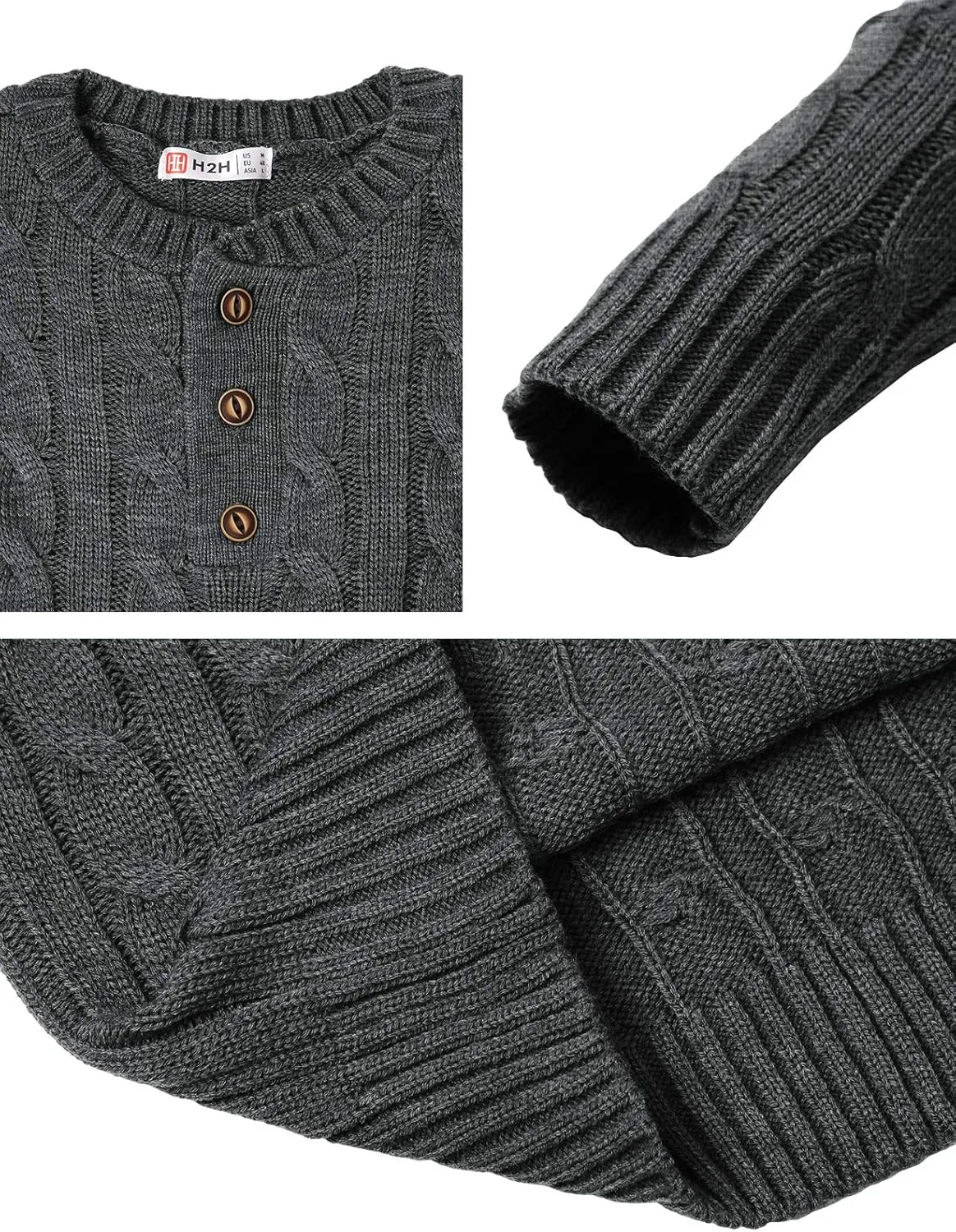 H2H Mens Casual Slim Fit Pullover Sweaters Long Sleeve Cable Knitted Sweater with Button Closure