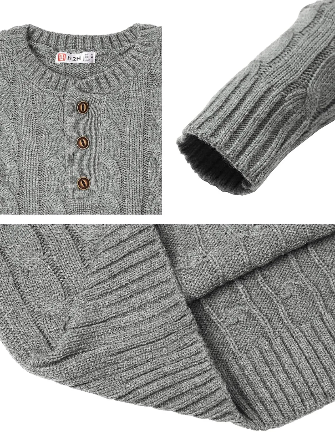 H2H Mens Casual Slim Fit Pullover Sweaters Long Sleeve Cable Knitted Sweater with Button Closure