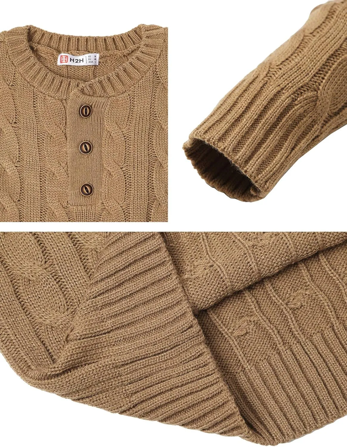 H2H Mens Casual Slim Fit Pullover Sweaters Long Sleeve Cable Knitted Sweater with Button Closure