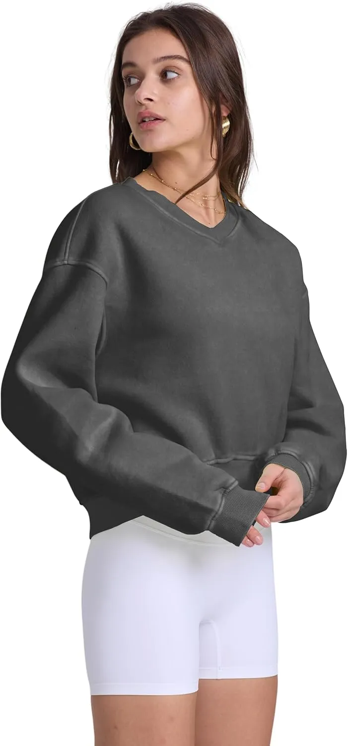 Hatant Sweatshirt for Women Acid Wash Athletic Hoodie Heritage Fleece V-neck Long Sleeve Hoodie Fleece Women Sweatshirt