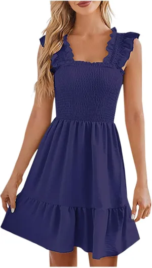 HGps8w Summer Dress for Women Casual Smocked Square Neck Ruffle Sleeveless Tiered Loose Swing Mini Beach Sun Dress