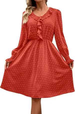 HGps8w Swiss Dot Ruffle Chiffon Mini Dress for Women Long Sleeve V Neck Flowy Casual Summer Short Baech Dress