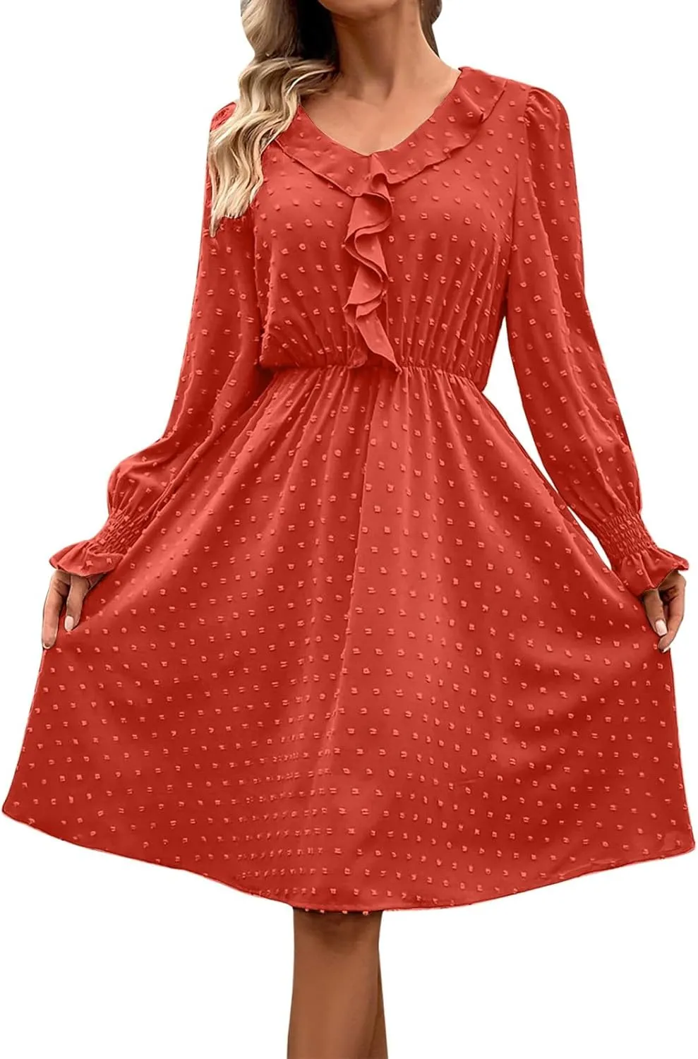 HGps8w Swiss Dot Ruffle Chiffon Mini Dress for Women Long Sleeve V Neck Flowy Casual Summer Short Baech Dress