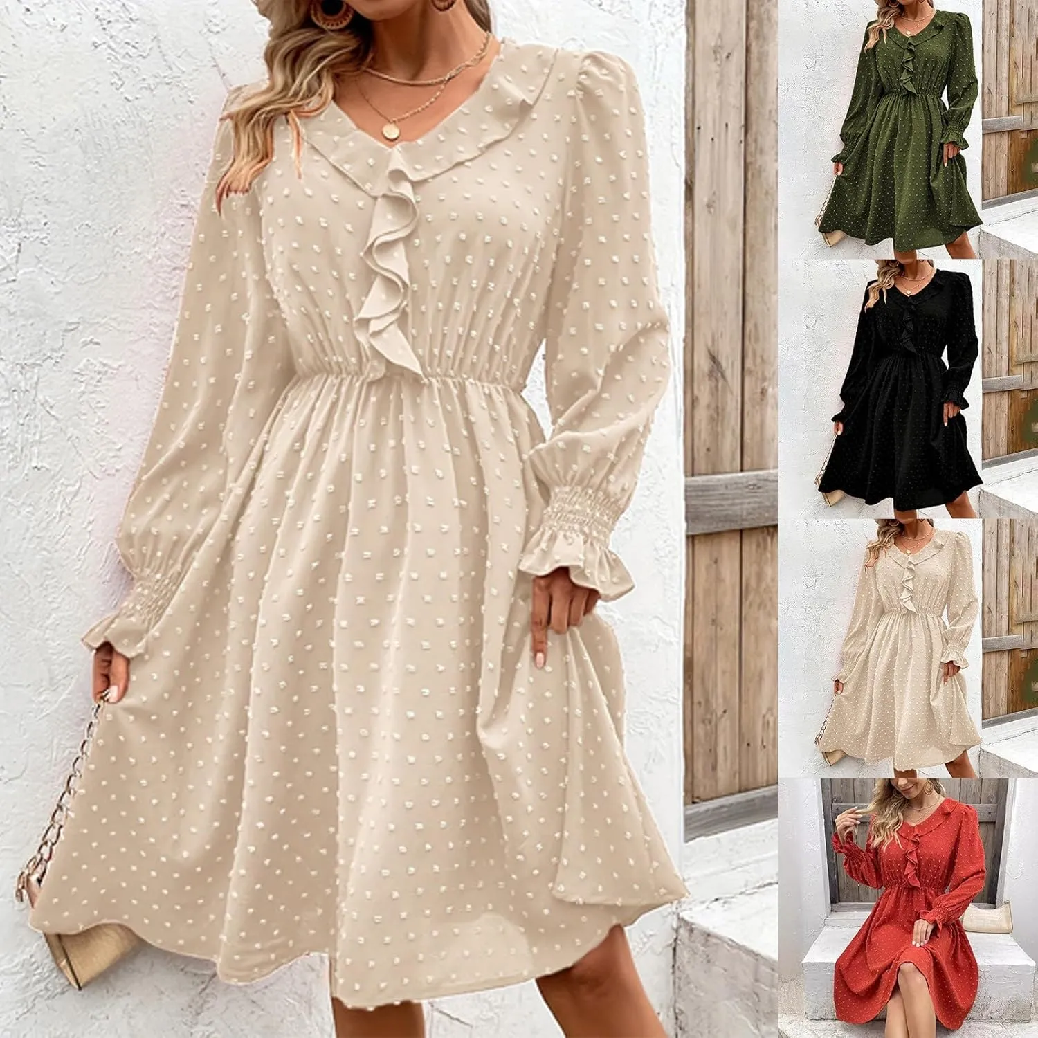 HGps8w Swiss Dot Ruffle Chiffon Mini Dress for Women Long Sleeve V Neck Flowy Casual Summer Short Baech Dress