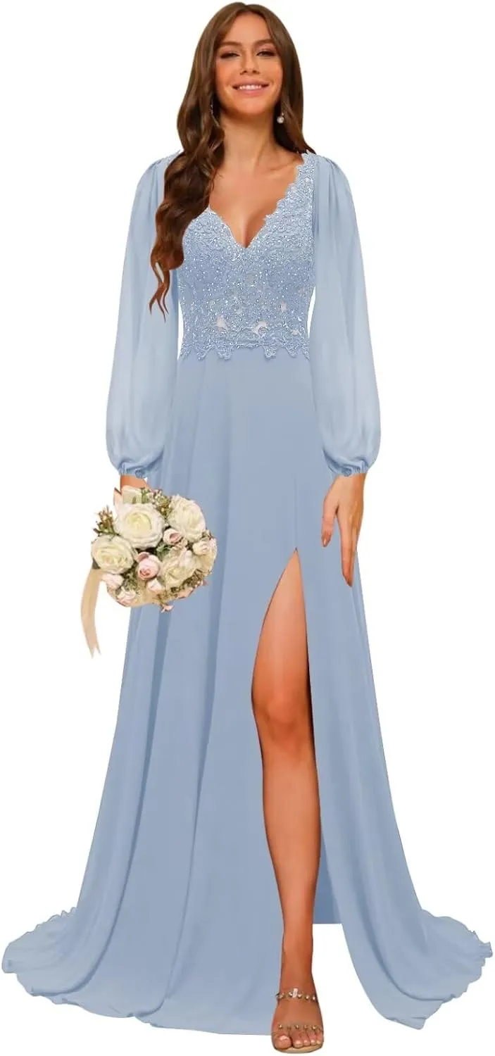 homdor Long Sleeve Chiffon Bridesmaid Dresses 2025 Lace Appliques Formal Dresses V Neck Prom Dress for Women with Slit